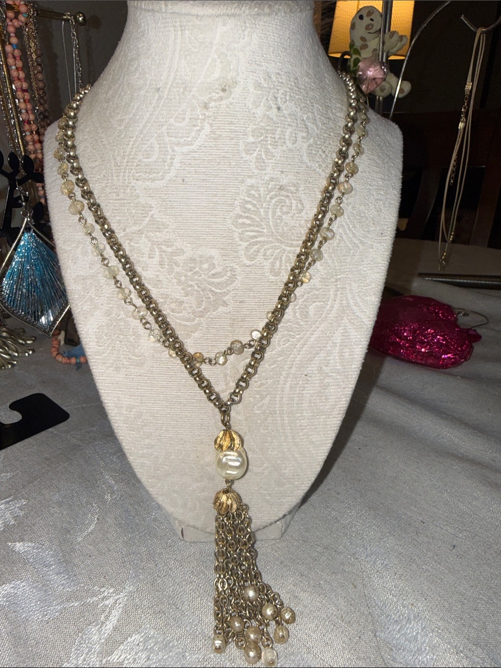 Gold and Pearl Tassel Layered Necklace